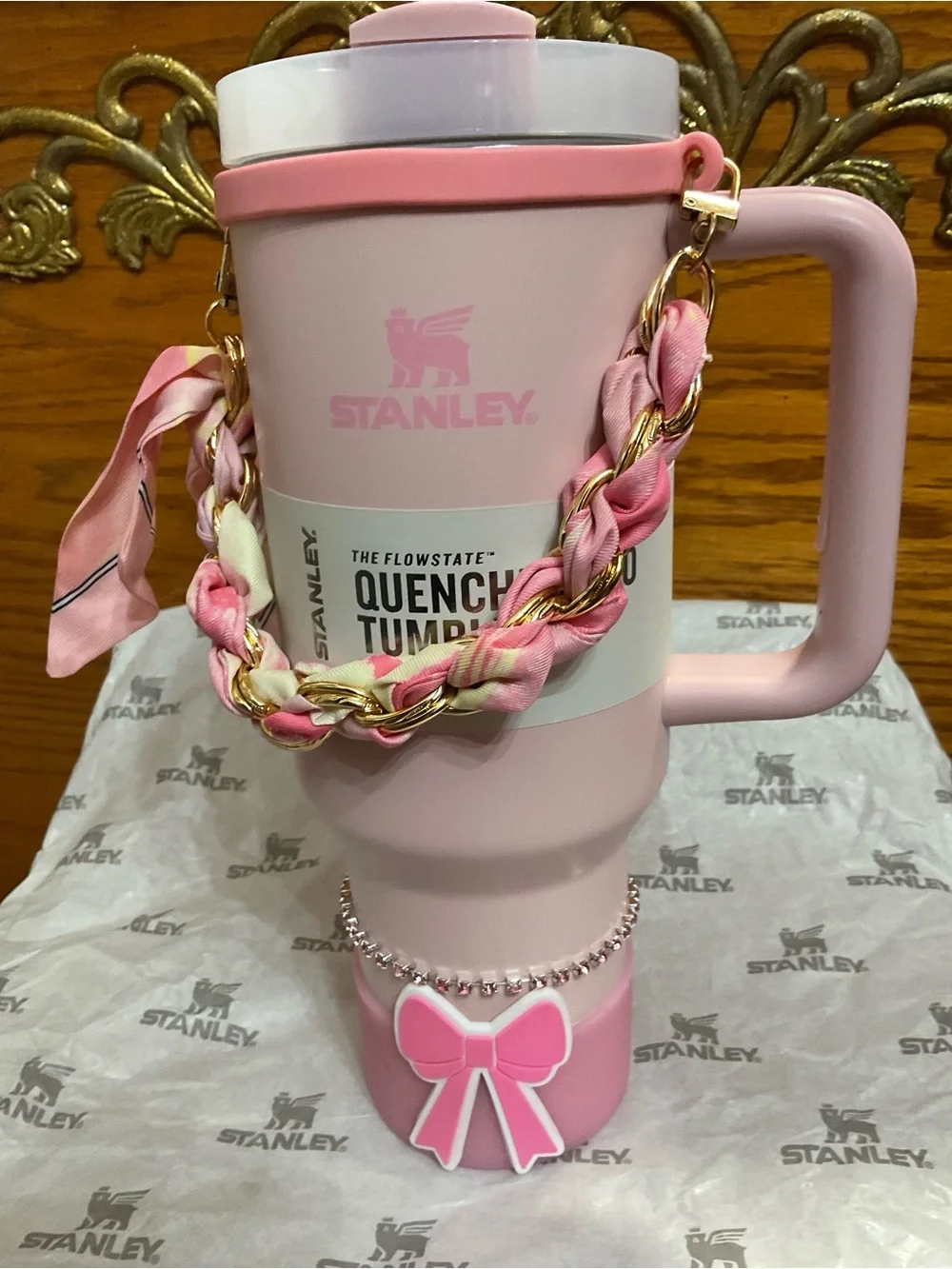 Stanley Pink Kids Quench Tumbler with Bow Charm and Braided Strap